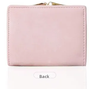 Back view of pink trifold short wallet for women featuring matte finish and gold buckle