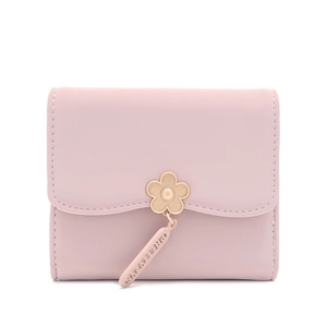 Short tri-fold leather wallet for women with flower pendant in light lotus pink