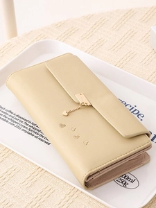 Women Fashion Long Wallet Sweet Heart Pendant PU Leather Three Fold Handbag Embroidery Multi Card Slot Organizer Clutch Purse