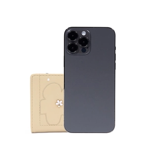 Short cream PU wallet with floral embroidery shown next to a smartphone for size reference