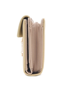 Three-quarter view of minimalist cream trifold long wallet with elegant gold chain detail