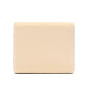 Close-up of a cream-colored leather trifold wallet with fine stitching details
