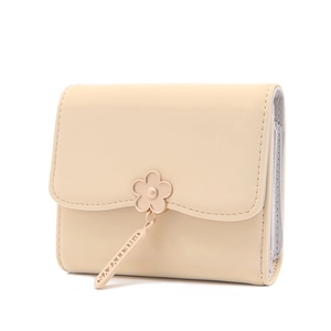 Creamy white tri-fold short wallet for women with floral pendant and grainy texture