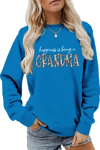 Detail of blue sweatshirt with floral grandma text print and ribbed crewneck design