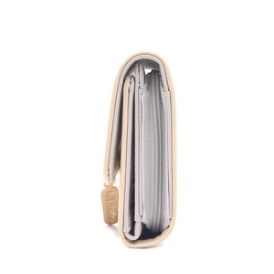 Detail view of the beige tri-fold wallet showing side bellows and multi-slot card holder