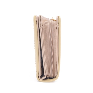 Women's slim tri-fold wallet in beige PU leather with accordion zipper coin pocket