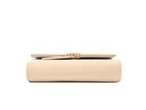 Detailed side view of beige leather tri-fold wallet showing neat stitching and gold hardware
