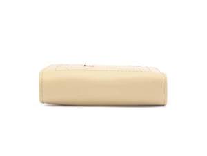 Detail view of beige PU leather wallet with precise stitching and smooth metal zipper