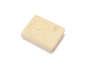 Close-up of cream PU leather trifold wallet featuring floral metal clasp and embroidery
