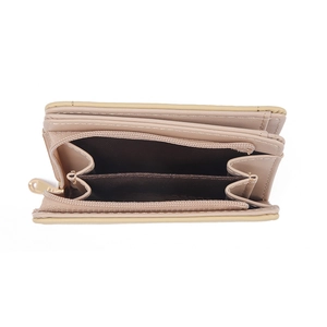 Short tri-fold PU leather wallet for women with zipper pocket and card slots in beige