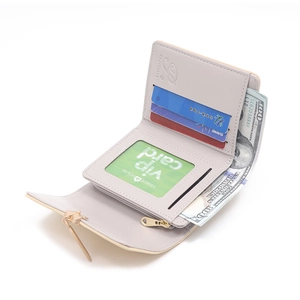 Short minimalist purple tri-fold wallet with multiple card slots and zipper pocket