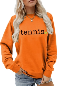 Detail of soft orange tennis sweatshirt featuring rib-knit cuffs and sports graphic print