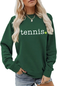 Detail of dark green women's tennis sweatshirt with white text and tennis graphic logo