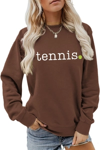 Close-up of tennis print and soft cotton fabric on dark brown crewneck sweatshirt