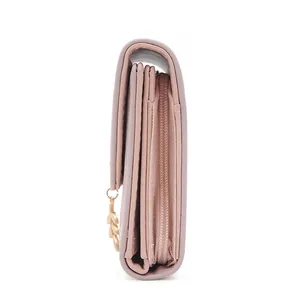 Portefeuille femme en similicuir rose avec pendentif feuille et fentes multiples