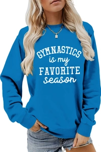 Detail of blue sweatshirt showing Gymnastics is my Favorite Season white print