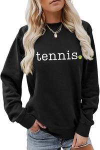 Detail of black crewneck sweatshirt featuring a tennis graphic and soft cotton texture