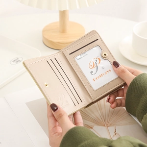 Minimalist beige PU leather tri-fold wallet for women with card slots and ID window