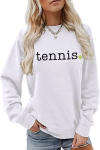 Detail of white crewneck sweatshirt featuring tennis graphic and ribbed cuffs