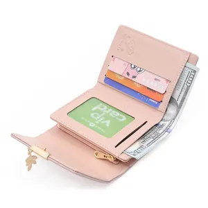 Portefeuille court rose en cuir PU pour femme avec pendentif feuille et fentes pour cartes