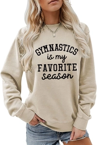 Detail of Gymnastics is my favorite season slogan on khaki long sleeve sweatshirt