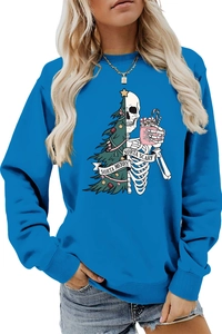 Detail of Sorta Merry Sorta Scary blue sweatshirt with Christmas tree and skeleton print