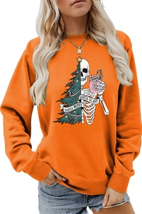 Detail of Sorta Merry Sorta Scary pumpkin orange sweatshirt with festive graphic print