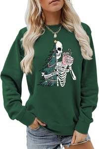 Detail of dark green crewneck sweatshirt featuring a Sorta Merry Sorta Scary holiday print