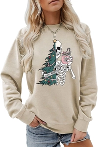 Detail of Sorta Merry Sorta Scary Christmas skull graphic on beige crewneck sweatshirt