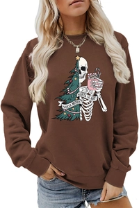Detail of Sorta Merry Sorta Scary festive graphic on brown crewneck sweatshirt