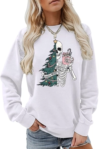 Close-up of Sorta Merry Sorta Scary festive print on white crewneck sweatshirt detail