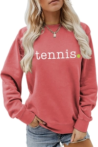 Close-up of red crewneck sweatshirt with white tennis text and tennis ball print