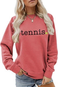 Close-up of the ribbed crewneck and tennis print on this coral red sports sweatshirt