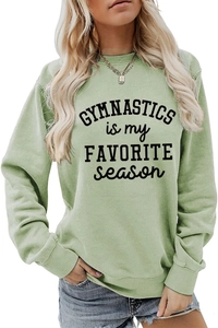 Detail of light green sweatshirt with Gymnastics Is My Favorite Season text print
