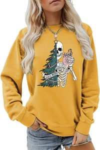 Detail of Sorta Merry Sorta Scary festive graphics on a ginger yellow sweatshirt