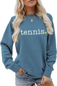 Close-up of blue crewneck sweatshirt with white tennis print and ribbed cuffs