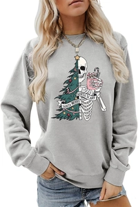Close-up of Sorta Merry Sorta Scary Christmas tree and skeleton print on a grey sweatshirt