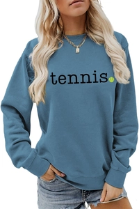 Detail of smog blue sweatshirt showing the tennis text and green ball graphic on chest