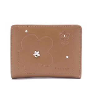 Short tri-fold brown women's wallet with elegant flower embroidery and hardware
