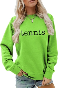 Close-up of fluorescent green sweatshirt featuring black tennis text and ball graphic