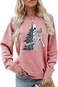Close-up of pink round neck sweatshirt with sorta merry sorta scary skeleton print
