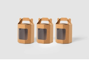 Set di 3 scatole regalo esagonali marroni con manico a cuore e finestra in PVC trasparente