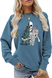 Detail of teal sweatshirt featuring Sorta Merry Sorta Scary festive holiday graphics