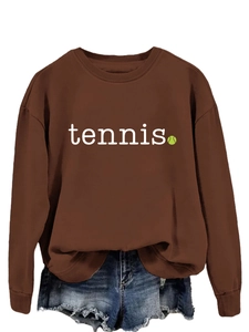 Detail of chocolate brown tennis sweatshirt featuring ribbed cuffs and white text print