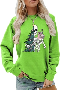 Detail view of neon green sweatshirt with Sorta Merry Sorta Scary Christmas tree skeleton print
