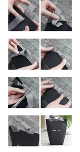 Step-by-step tutorial for tying a grey satin ribbon bow on a matte black gift bag