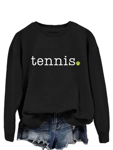 Detail of black long sleeve tennis sweatshirt showing cotton texture and printed graphic
