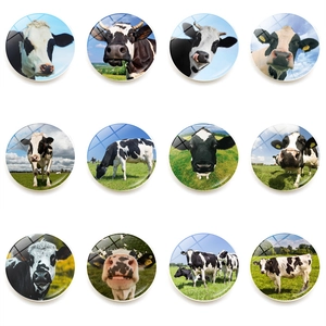 Pastoral Cow Pattern Fridge Magnet Crystal Glass Round Magnetic Whiteboard Sticker For Kitchen Home Decor Office School Locker