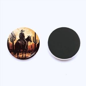 Calamita da frigo in vetro silhouette cowboy al tramonto con retro magnetico 25mm