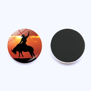 Magneti da frigo in vetro con silhouette di cowboy al tramonto e base magnetica morbida